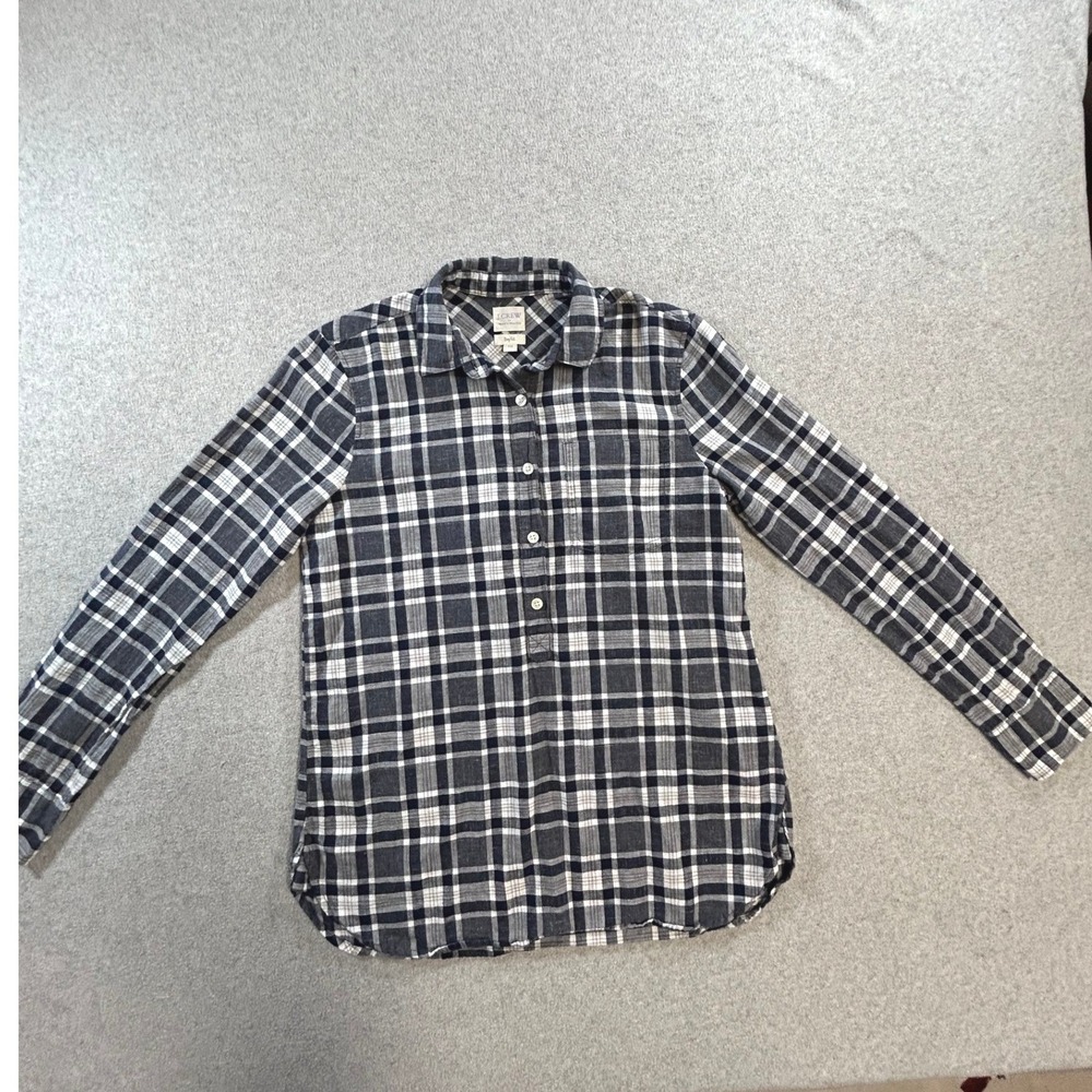 J.Crew Popover Shirt Kids XXS Navy Blue White Plaid Boy Fit Long Sleeve
